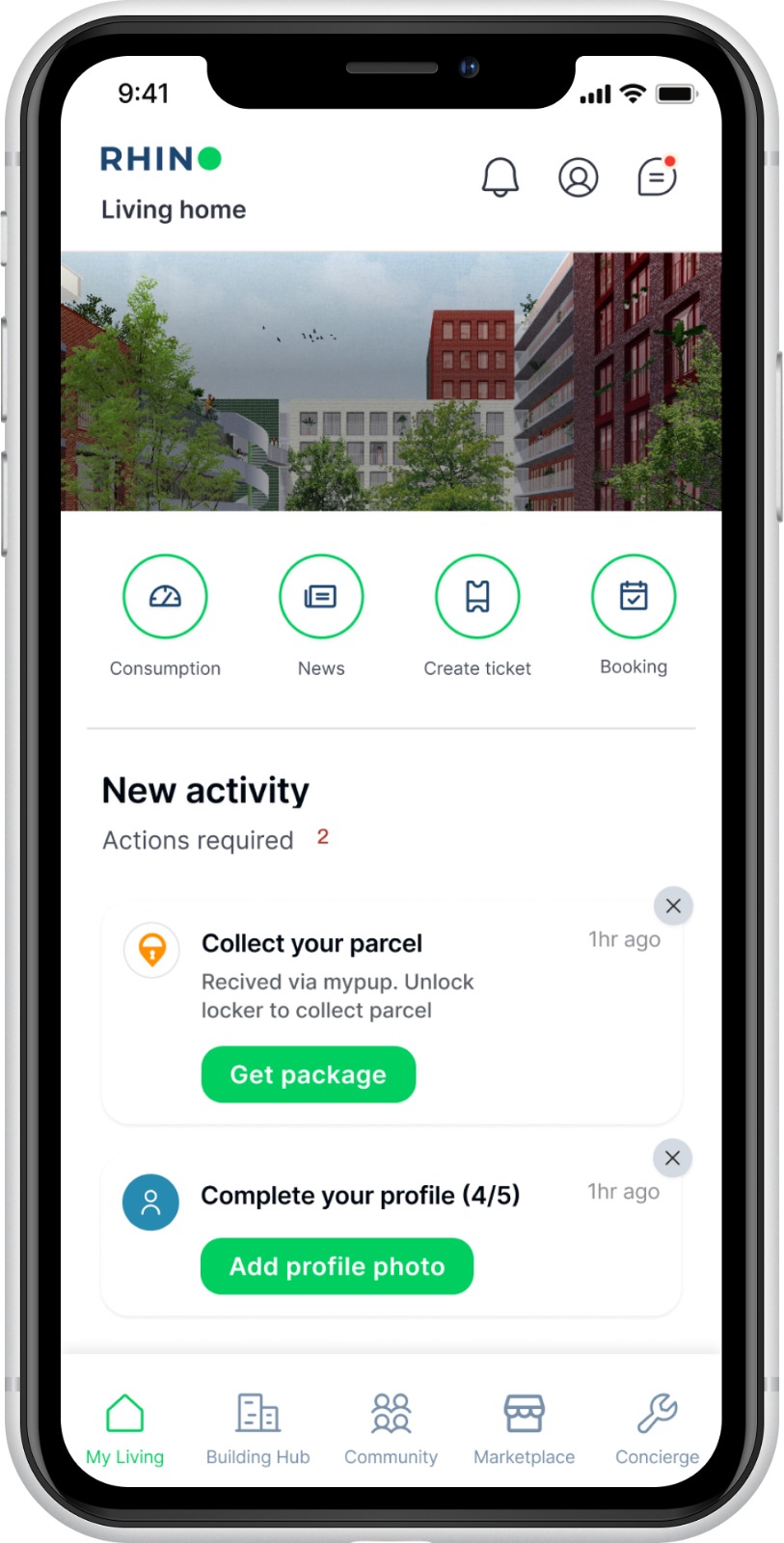 Rhino tenant app — home screen with consumption access